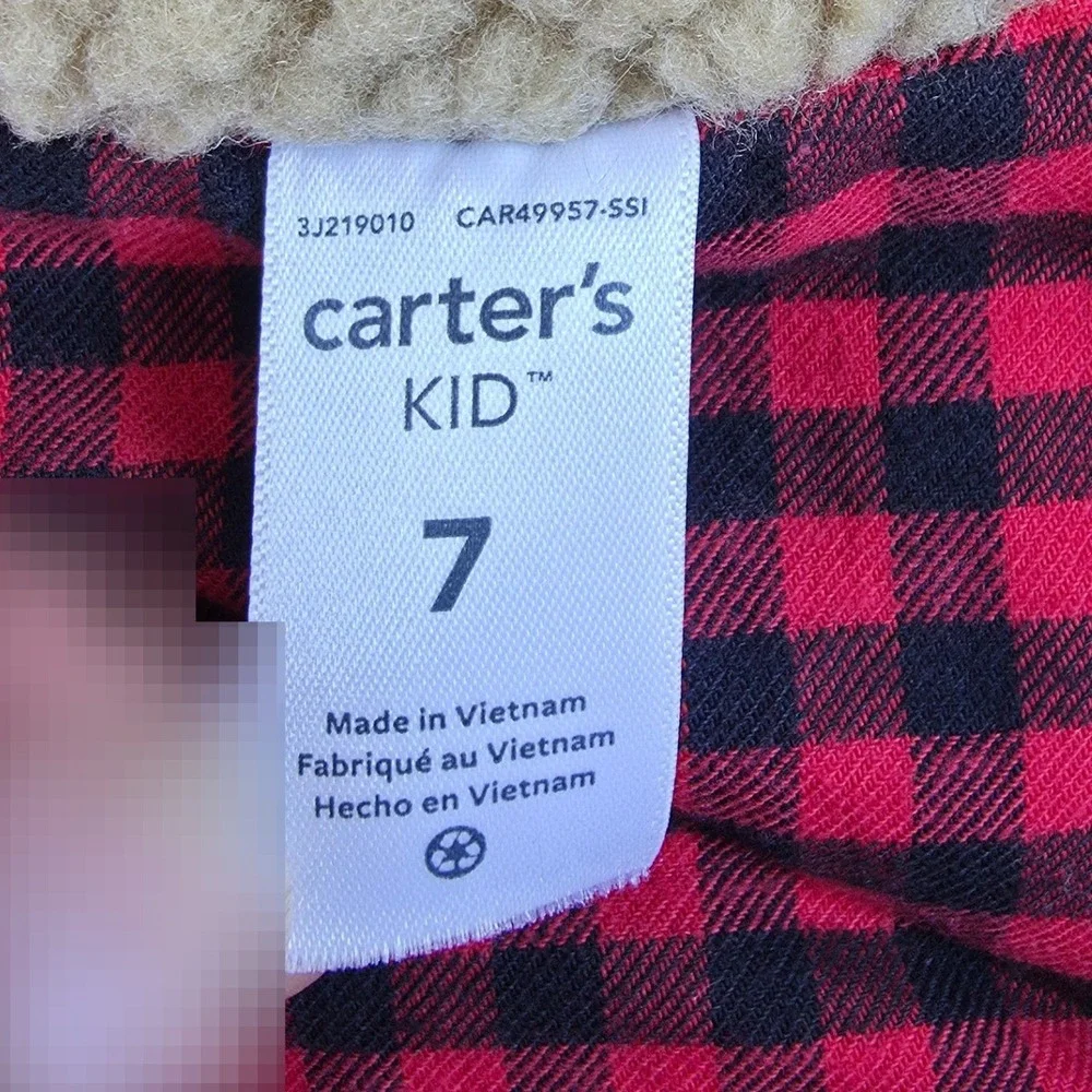 Carters Kid Red Puffer Vest Sherpa Collar Buffalo Plaid Lining Size 7 3J219010